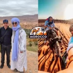 3 days tour from Marrakech to Merzouga - Tour guide and tourists enjoying camel trek in Sahara desert dunes at sunset