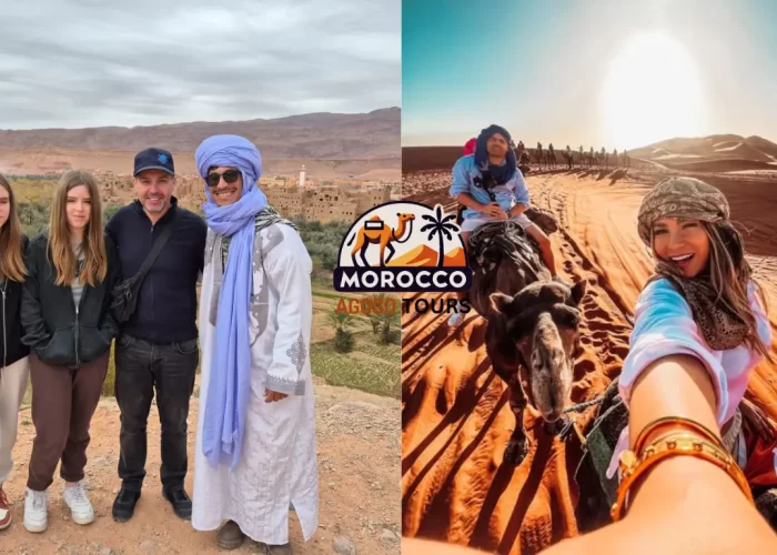 3 days tour from Marrakech to Merzouga - Tour guide and tourists enjoying camel trek in Sahara desert dunes at sunset