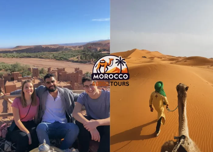 4 days from Fes to Marrakech – Camel caravan in Erg Chebbi dunes at sunset during Morocco desert Itinerary.