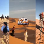 Fes Desert Tour 2 Days – Camel trekking at sunset in the Sahara Desert with luxury desert camp experience.