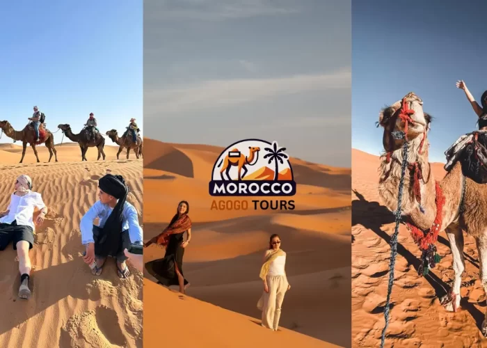 Fes Desert Tour 2 Days – Camel trekking at sunset in the Sahara Desert with luxury desert camp experience.