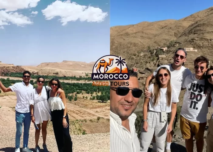 Tour guide and tourists selfie during 3-day Fes to Marrakech desert tour near Merzouga with High Atlas Mountains