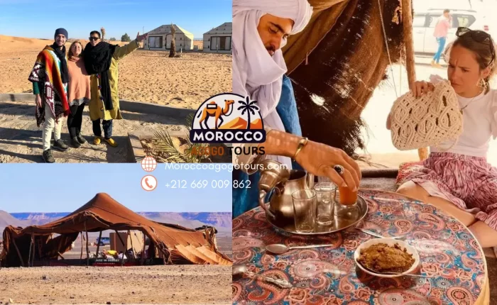 Golden sand dunes of Merzouga at sunset, a highlight of the 4 Days Tour from Fes to Merzouga.