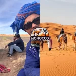 Tour guide leading camels across Erg Chebbi dunes at sunset during the 4 Days Tour from Fes to Merzouga Desert