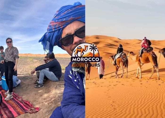 Tour guide leading camels across Erg Chebbi dunes at sunset during the 4 Days Tour from Fes to Merzouga Desert