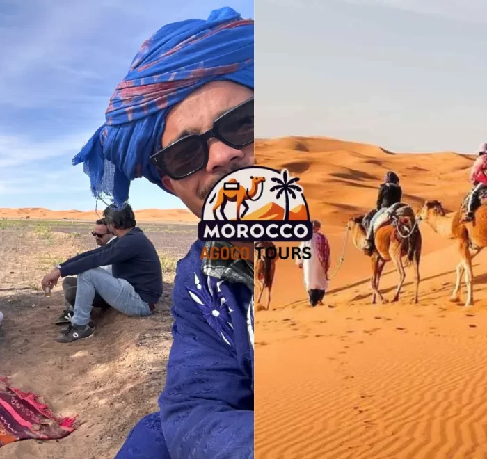 Tour guide leading camels across Erg Chebbi dunes at sunset during the 4 Days Tour from Fes to Merzouga Desert