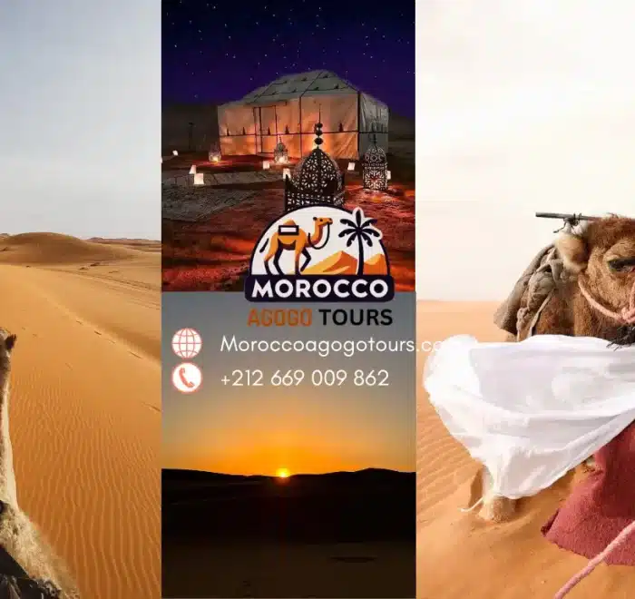 Sunset over the Sahara with guide leading camels and tourists toward luxury desert camp – 4 Days Tour From Marrakech To Merzouga