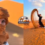 Sunset over Merzouga dunes with travelers on camels heading to a luxury desert camp – 5 Days Tour From Fes To Desert End In Marrakech