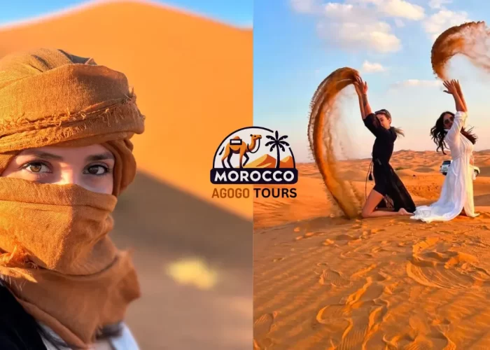 Sunset over Merzouga dunes with travelers on camels heading to a luxury desert camp – 5 Days Tour From Fes To Desert End In Marrakech