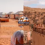 Sahara Desert luxury camp and camel caravan at sunset—5-day tour from Marrakech to Merzouga