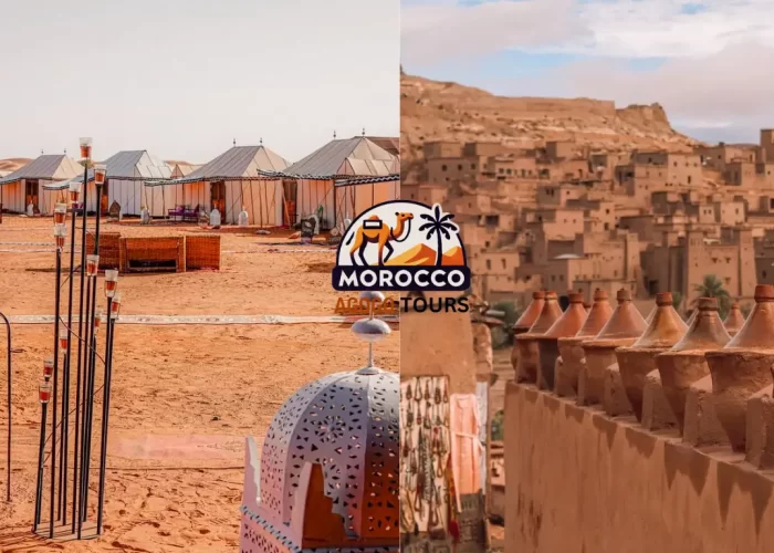 Sahara Desert luxury camp and camel caravan at sunset—5-day tour from Marrakech to Merzouga