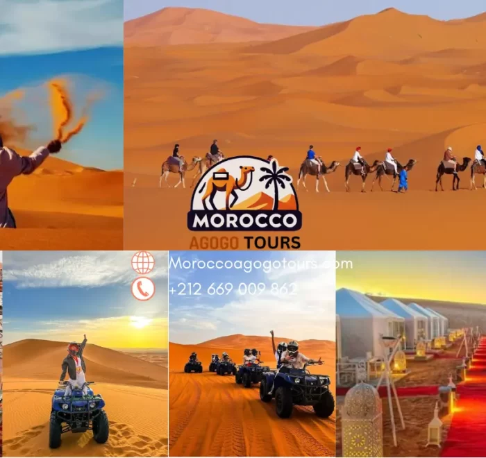 Adventurous travelers enjoying quad biking through the vast dunes of Merzouga Desert during our 5 days tour from Marrakech to Merzouga.