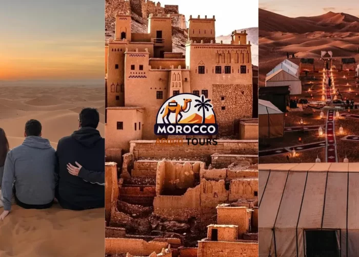 Highlights of the 4 Days Tour From Marrakech To Merzouga featuring Ait Ben Haddou Kasbah, golden desert sunset, and luxury Sahara camp experience