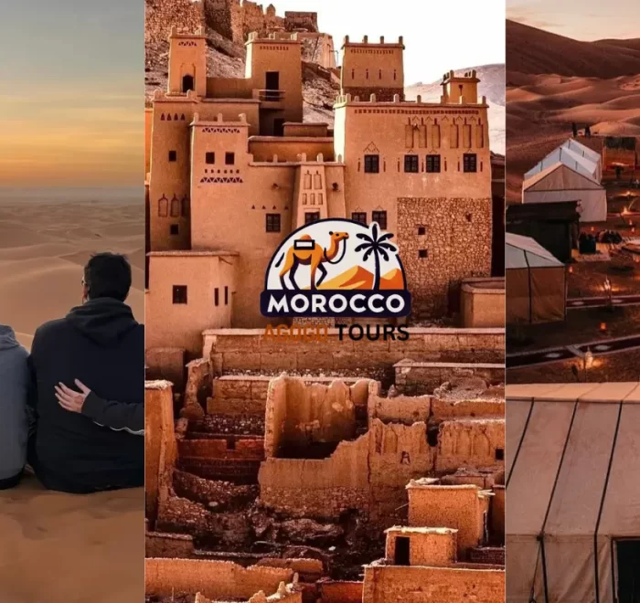 Highlights of the 4 Days Tour From Marrakech To Merzouga featuring Ait Ben Haddou Kasbah, golden desert sunset, and luxury Sahara camp experience