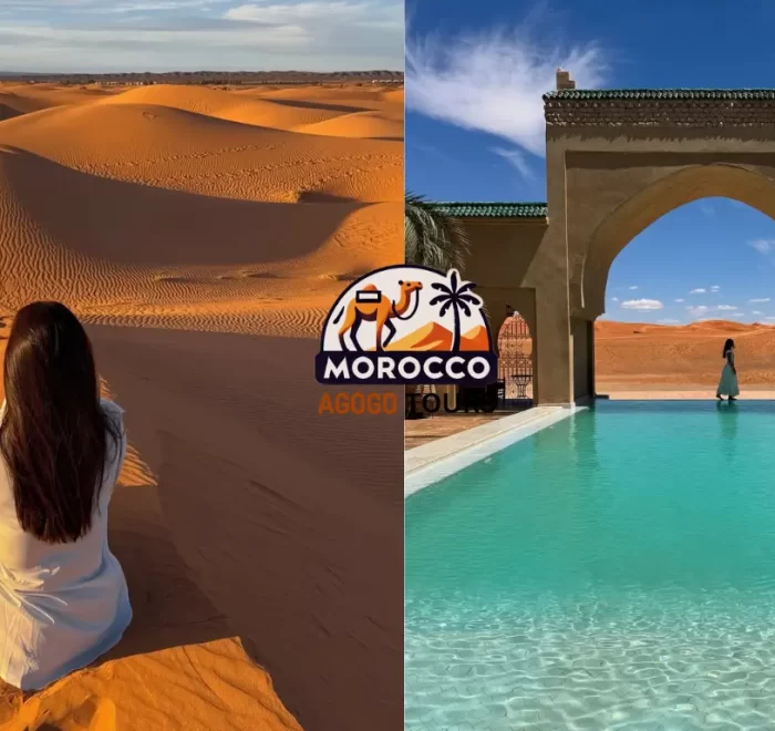 Swimming pool at boutique hotel and Sahara Desert sunset – 5 days tour from Marrakech to Fes