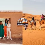 Panoramic view of camel caravan in the Sahara Desert at sunset during Morocco itinerary 7 days from Marrakech to Tangier