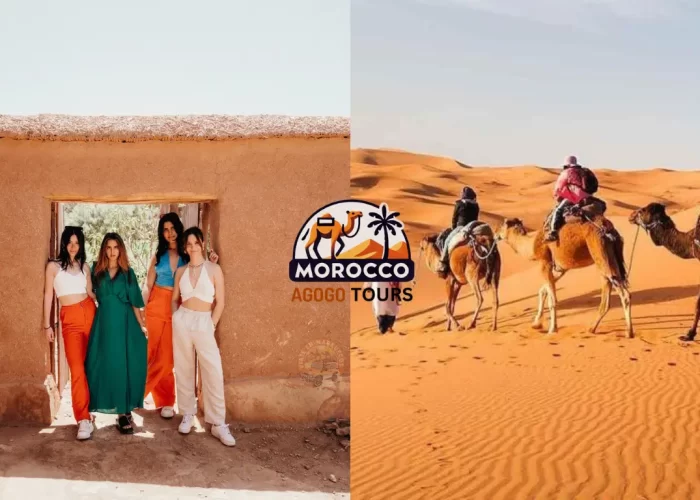 Panoramic view of camel caravan in the Sahara Desert at sunset during Morocco itinerary 7 days from Marrakech to Tangier