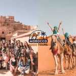 Camel caravan at sunset in Erg Chebbi dunes during shared 3 days desert tour from Marrakech