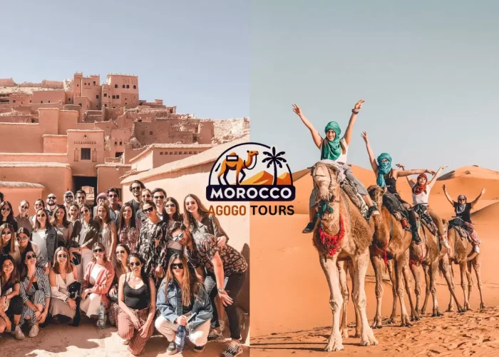 Camel caravan at sunset in Erg Chebbi dunes during shared 3 days desert tour from Marrakech