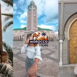 Explore 6 6-day Morocco Itinerary featuring the blue streets of Chefchaouen, the grand Hassan II Mosque in Casablanca, and the ornate Royal Palace door.