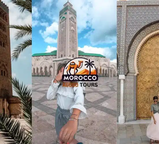 Explore 6-day Morocco Itinerary featuring the blue streets of Chefchaouen, the grand Hassan II Mosque in Casablanca, and the ornate Royal Palace door.