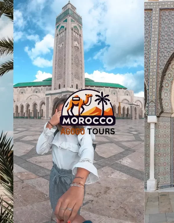Explore 6 6-day Morocco Itinerary featuring the blue streets of Chefchaouen, the grand Hassan II Mosque in Casablanca, and the ornate Royal Palace door.