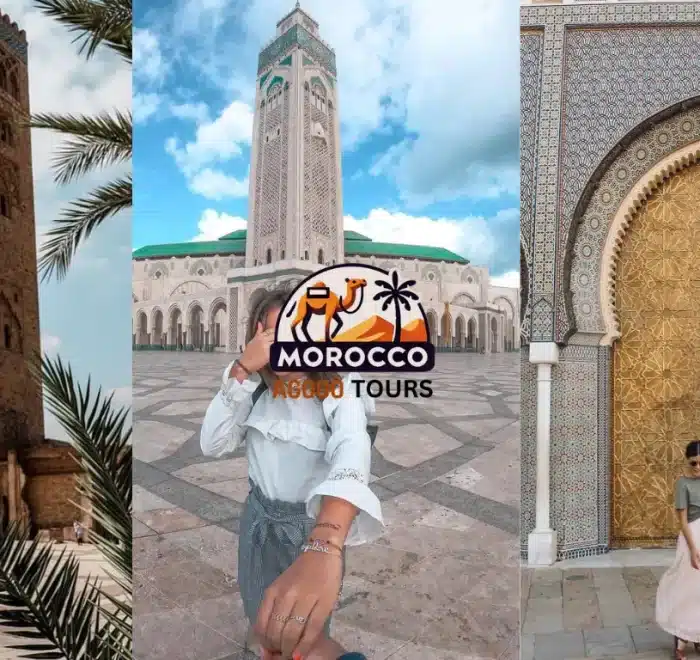 Explore 6-day Morocco Itinerary featuring the blue streets of Chefchaouen, the grand Hassan II Mosque in Casablanca, and the ornate Royal Palace door.