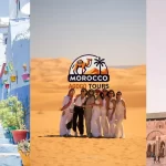 Explore Morocco in 8 Days tour from Casablanca: This image features the majestic Hassan II Mosque in Casablanca, the vibrant streets of Chefchaouen, and the endless Sahara Desert.