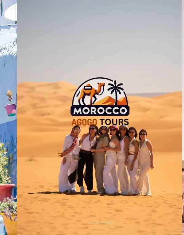 Explore Morocco in 8 Days tour from Casablanca: This image features the majestic Hassan II Mosque in Casablanca, the vibrant streets of Chefchaouen, and the endless Sahara Desert.