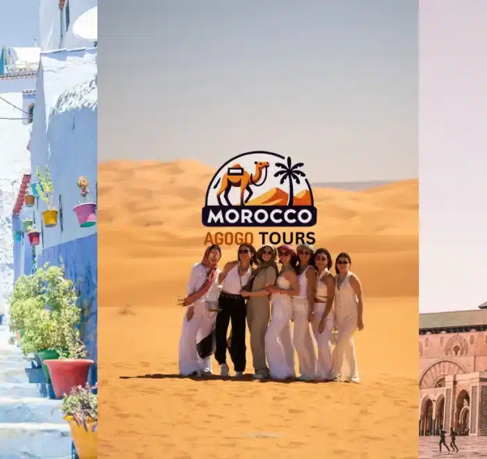 Explore Morocco in 8 Days tour from Casablanca: This image features the majestic Hassan II Mosque in Casablanca, the vibrant streets of Chefchaouen, and the endless Sahara Desert.