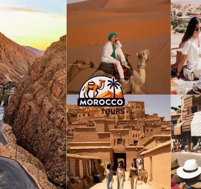 Morocco 9 Days Tour from Casablanca: This image highlights the winding Dades Snake Road, the expansive Sahara Desert of Merzouga, and the historic Ait Ben Hadou Kasbah.