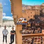 Morocco 9 Days Tour from Casablanca: This image highlights the majestic Hassan II Mosque in Casablanca and the traditional tanneries of Fes, showcasing Morocco’s spiritual and artisanal heritage.