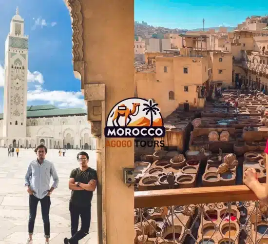 Morocco 9 Days Tour from Casablanca: This image highlights the majestic Hassan II Mosque in Casablanca and the traditional tanneries of Fes, showcasing Morocco’s spiritual and artisanal heritage.