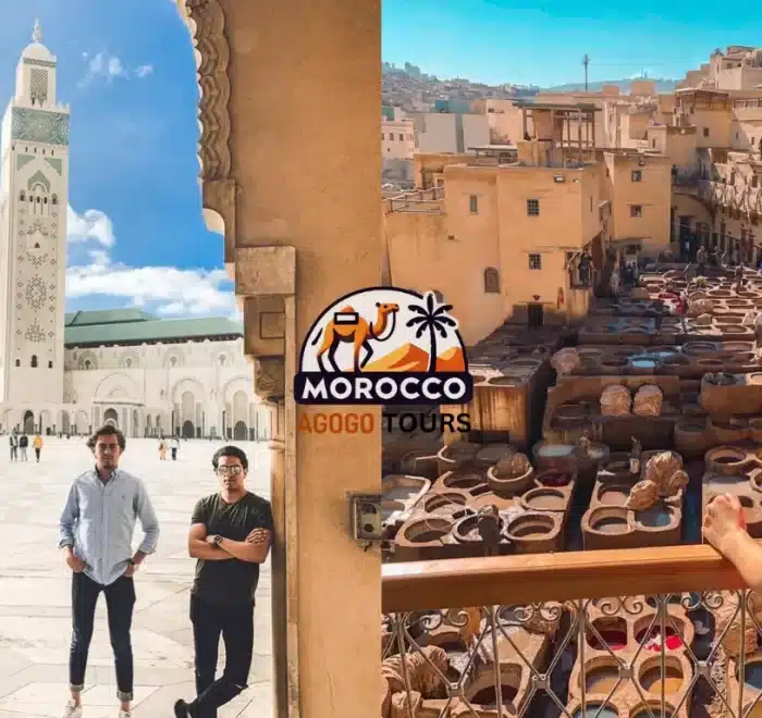 Morocco 9 Days Tour from Casablanca: This image highlights the majestic Hassan II Mosque in Casablanca and the traditional tanneries of Fes, showcasing Morocco’s spiritual and artisanal heritage.
