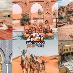 Discover Morocco Itinerary 5 Days: This image showcases the blue streets of Chefchaouen, the ancient Ait Ben Haddou, Fes, and the golden Sahara Desert.
