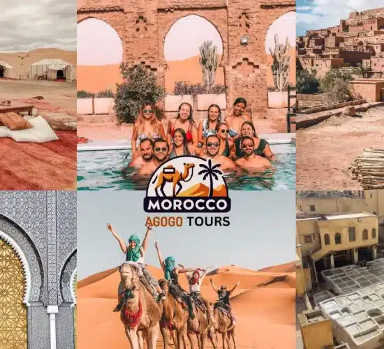 Discover Morocco Itinerary 5 Days: This image showcases the blue streets of Chefchaouen, the ancient Ait Ben Haddou, Fes, and the golden Sahara Desert.