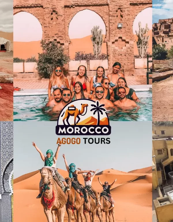 Discover Morocco Itinerary 5 Days: This image showcases the blue streets of Chefchaouen, the ancient Ait Ben Haddou, Fes, and the golden Sahara Desert.