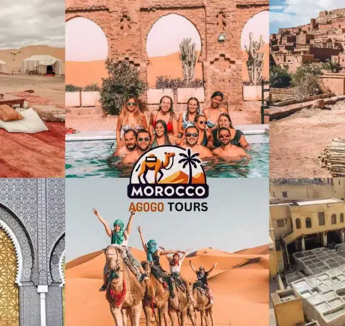 Discover Morocco Itinerary 5 Days: This image showcases the blue streets of Chefchaouen, the ancient Ait Ben Haddou, Fes, and the golden Sahara Desert.