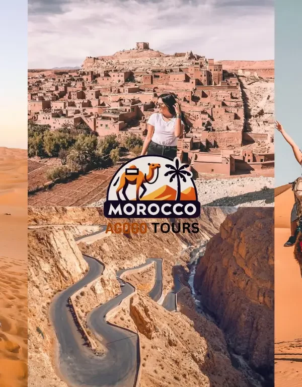 Explore Morocco: This image highlights the vast Sahara Desert and the historic Ait Ben Haddou, a UNESCO World Heritage site.