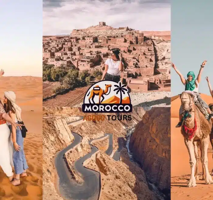 8-day Morocco itinerary: This image highlights the vast Sahara Desert and the historic Ait Ben Haddou, a UNESCO World Heritage site.