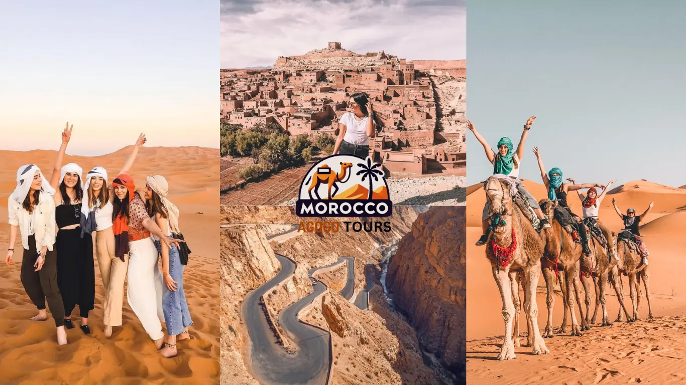 Explore Morocco: This image highlights the vast Sahara Desert and the historic Ait Ben Haddou, a UNESCO World Heritage site.