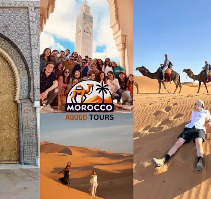 Iconic scenes from the 10 days tour from Casablanca, featuring the Hassan II Mosque in Casablanca, golden dunes of the Merzouga Desert, and the majestic Royal Palace Gate in Fes.