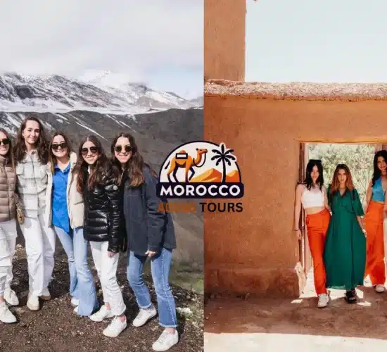 Breathtaking view of the High Atlas Mountains and the historic Ait Ben Haddou Kasbah, capturing a cultural highlight of the 10 days tour from Casablanca.
