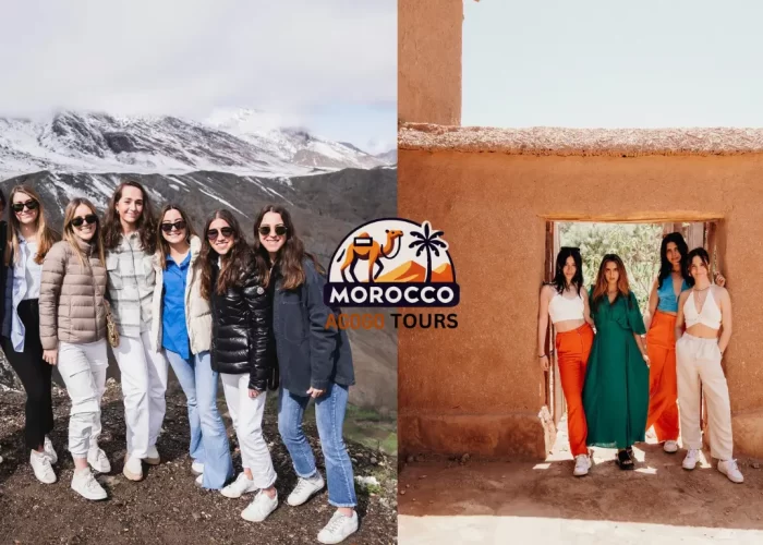 Breathtaking view of the High Atlas Mountains and the historic Ait Ben Haddou Kasbah, capturing a cultural highlight of the 10 days tour from Casablanca.