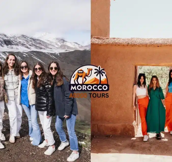 Breathtaking view of the High Atlas Mountains and the historic Ait Ben Haddou Kasbah, capturing a cultural highlight of the 10 days tour from Casablanca.