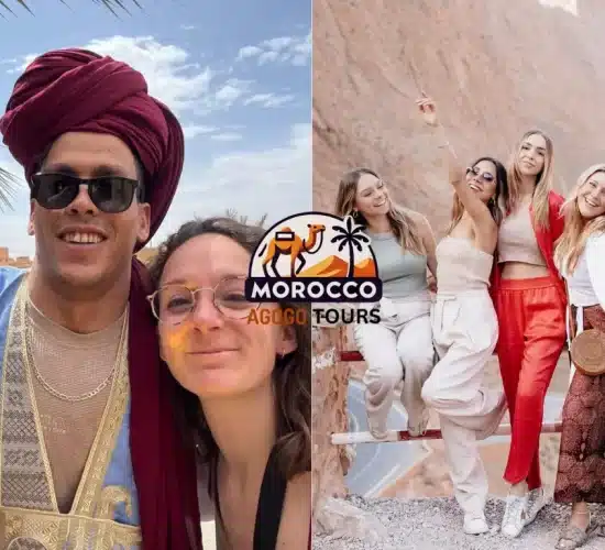 A memorable moment from the 5 Days Tour from Tangier to Marrakesh featuring the iconic Snake Road in Boumalne Dades and Mustapha, a local tour guide, sharing the experience with two travelers amidst Morocco’s dramatic landscapes.