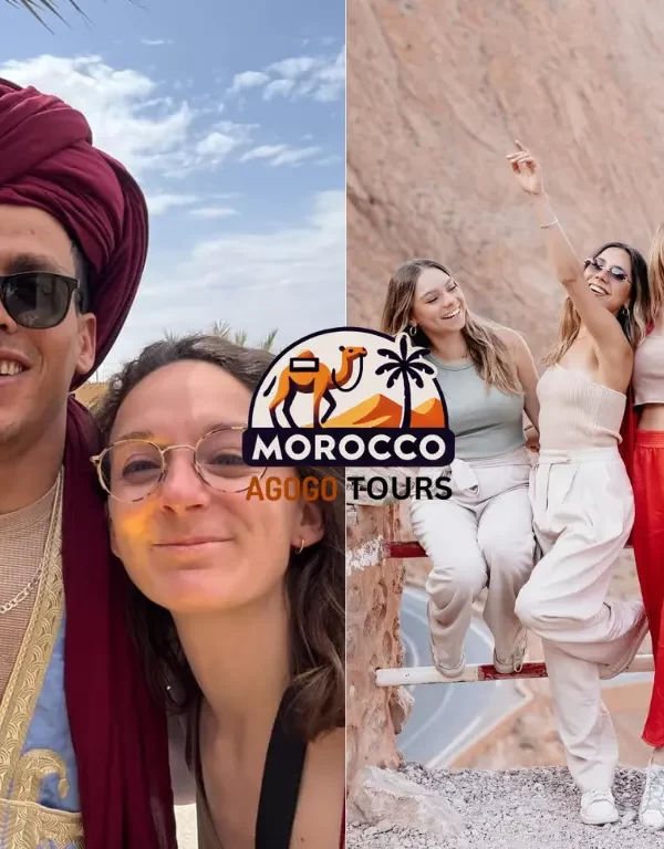 A memorable moment from the 10 Days Tour from Casablanca featuring the iconic Snake Road in Boumalne Dades and Mustapha, a local tour guide, sharing the experience with two travelers amidst Morocco’s dramatic landscapes.