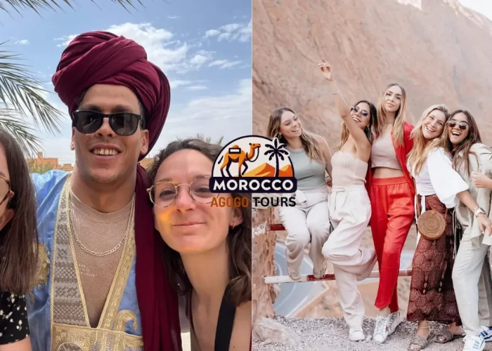 A memorable moment from the 10 Days Tour from Casablanca featuring the iconic Snake Road in Boumalne Dades and Mustapha, a local tour guide, sharing the experience with two travelers amidst Morocco’s dramatic landscapes.
