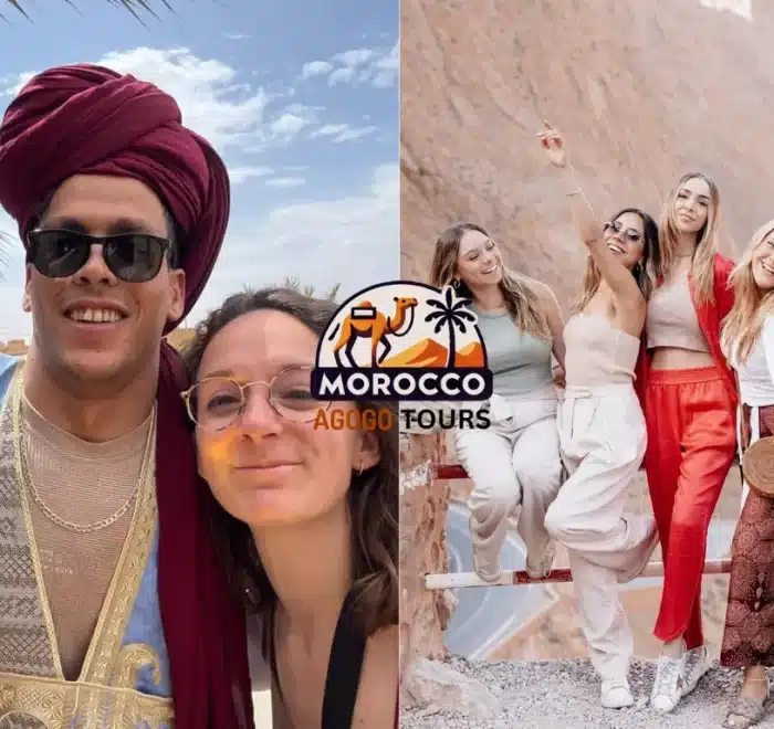 A memorable moment from the 5 Days Tour from Tangier to Marrakesh featuring the iconic Snake Road in Boumalne Dades and Mustapha, a local tour guide, sharing the experience with two travelers amidst Morocco’s dramatic landscapes.