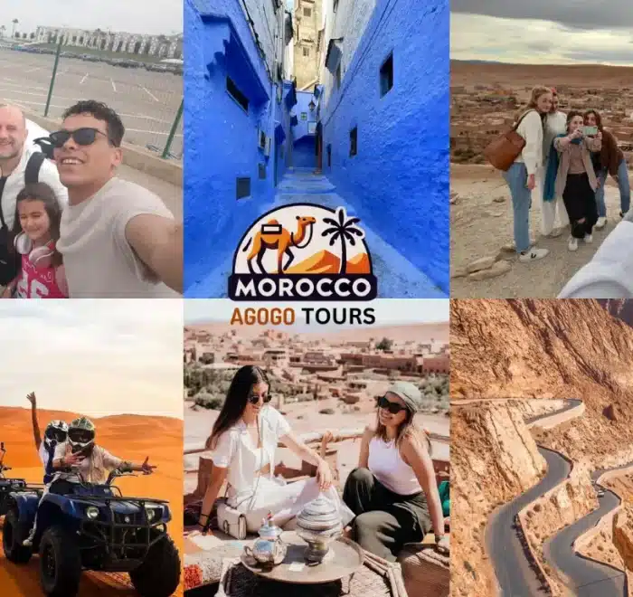 A captivating collage of Merzouga Desert dunes, the ancient Kasbah of Ait Ben Haddou, and the blue-washed streets of Chefchaouen, capturing the essence of a 5 Days in Morocco tour from Tangier to Marrakech.